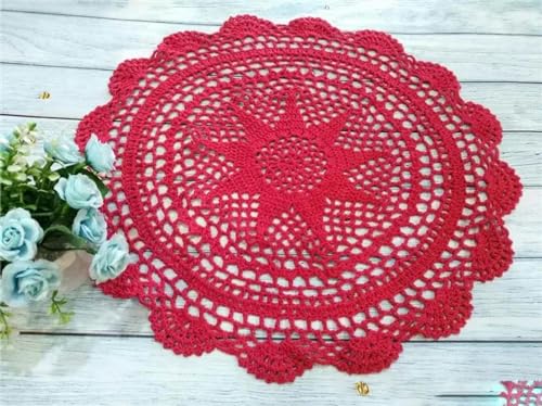 40 cm rundes Baumwoll-Tischset mit Häkelblumen, Spitzendeckchen, Esstischmatte, Geschirrunterlage, Weihnachtsgetränk, Tee-Untersetzer-Set, Küche, Rot, rund, 40 cm von KEYNCO