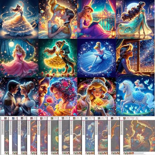 KEYRANKE 12 Stück Diamond Painting Disney Diamond Painting Kit Erwachsene-Prinzessin Diamant Bider Diamond Bilder Set Malen nach Zahlen Wohnzimmer Bilder Für Dekorationen 30x30cm von KEYRANKE