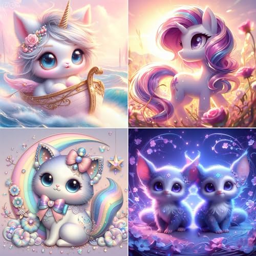 KEYRANKE 4 Stück Set Diamond Painting Kinder Ab 10 Jahre Diamant Painting Kleine Bilder Tiere Enthalten Katze Einhorn Fuchs, Runde Steine FüR Zuhause Dekor 30x30 Cm von KEYRANKE