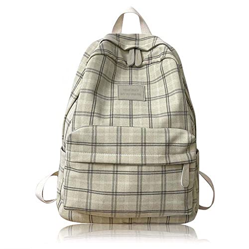 Large Capacity Plaid Preppy Backpack Cute Backpack for Teen Girls Back to School Supplies Cute Aesthetic Backpack Sage Green Aesthetic Rucksack (Beige) von KEYULI