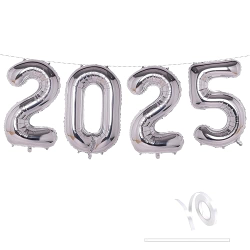 KEYYOOMY 101,6 cm große silberne Zahlenballons 2025 große Folienballons für 2025 Silvester Weihnachten Abschlussfeier Party Supplies Dekorationen von KEYYOOMY