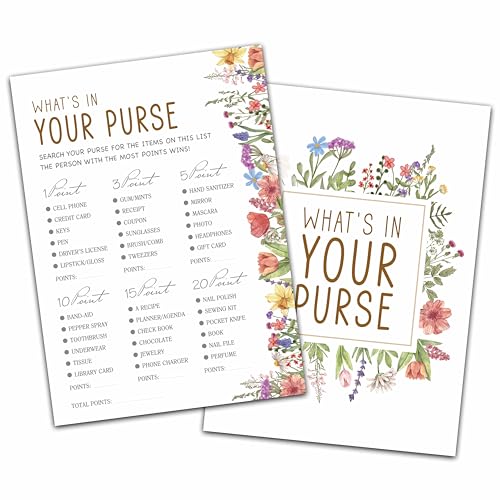 KFNER Wildflower Hochzeitsdusche Spiele, What's in Your Purse Bridal Shower Games Cards, Spring Flowers Bachelorette Party Game Ideas, Engagement Party Supplies & Activity, Set of 30 Cards -A01 von KFNER