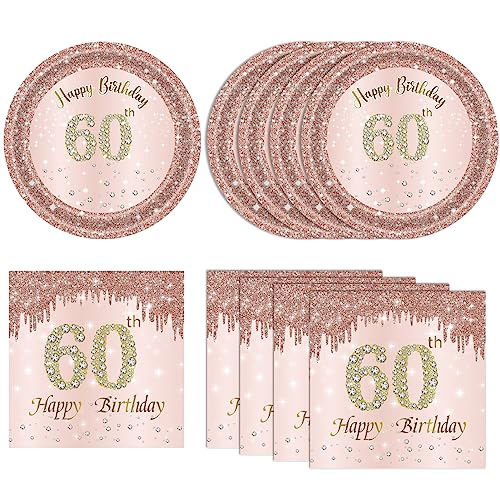 60. Geburtstag Dekor 60. Geburtstag Dekorationen für Frauen Rose Gold Geburtstag Supplies Teller und Servietten Roségold 1963 Geburtstag Dekorationen Einweggeschirr Partyzubehör für Frauen von KHAIVI