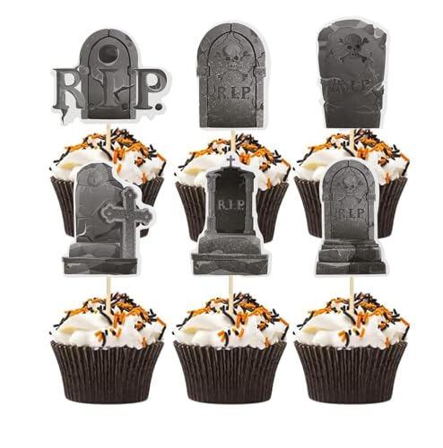 KHDULQ 36 Stücke Happy Halloween Cake Toppers,Halloween Cupcake Topper,Deko Kuchen Halloween Grabstein Dekoration Tortendeko Muffins Dessert Cake Dekoration Torte,Per Gruselige Halloween-Mottopartys von KHDULQ