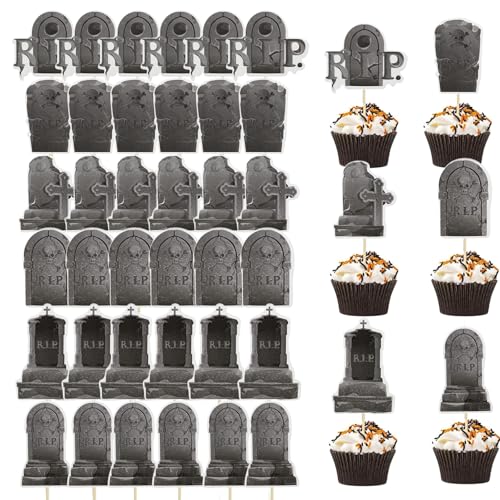 KHDULQ 36 Stücke Halloween Kuchen Deko,Halloween Cupcake Topper Happy Halloween Cake Toppers Cupcake Deko Kuchen Grabstein Tortendeko Muffins Dessert Dekoration,Per Gruselige Halloween-Mottopartys von KHDULQ