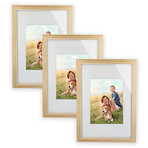 KHG Holz-Bilderrahmen lackiert mit stabilem Glas und Passepartout, DIN A4, Ideal für Portraits, Urkunden, Poster, Puzzles & Collagen - Natur, 3 Stück 21x30cm von KHG