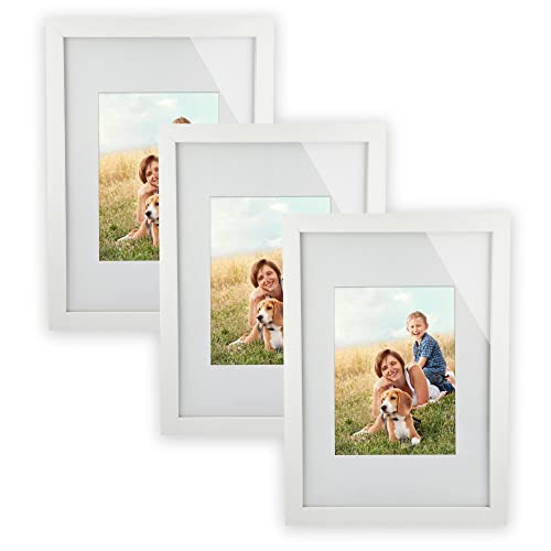 KHG Holz-Bilderrahmen lackiert mit stabilem Glas und Passepartout, DIN A4, Ideal für Portraits, Urkunden, Poster, Puzzles & Collagen - Weiß, 3 Stück 21x30 cm von KHG