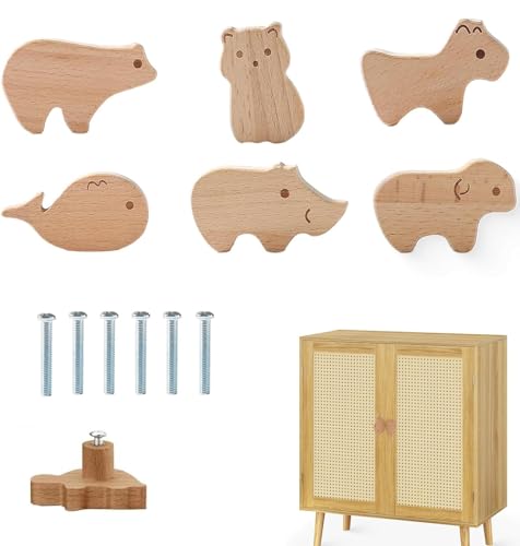 KHIRY 6-teiliges Set Tierförmige Holz-Schubladengriffe, Ästhetische Holzknöpfe mit Einzigartigen Tiermotiven und Schrauben, Dekorative Möbelgriffe für Schränke & Kommoden (Design B) von KHIRY