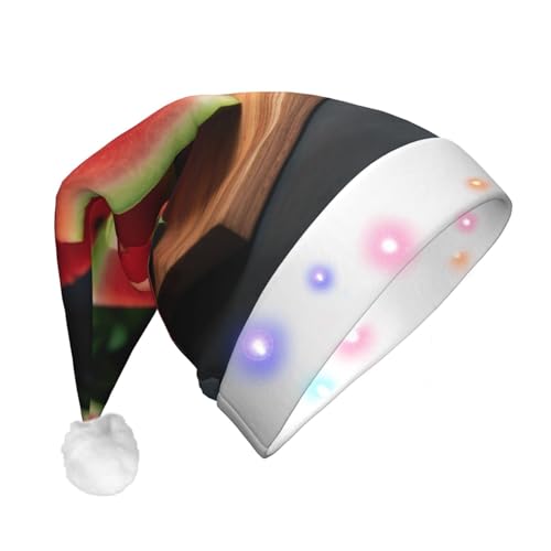 KHiry Leuchtende Weihnachtsmütze, Plüsch-Weihnachtsmannmütze mit LED-Lichtern, Wassermelonen-Weihnachtsmützen für Erwachsene von KHiry