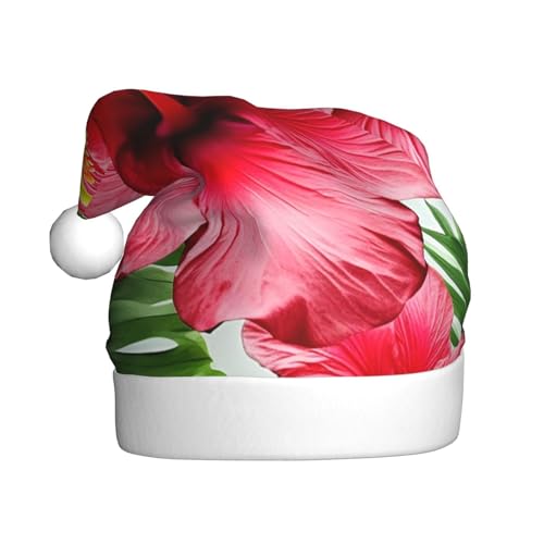 KHiry Plüsch-Weihnachtsmütze für Erwachsene, Hibiskusblume, leuchtende Weihnachtsmütze, Plüsch-Weihnachtsmannmütze von KHiry