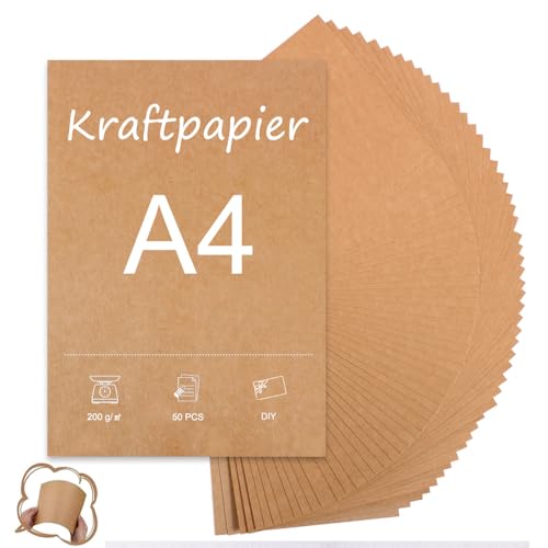 Kraftpapier A4 braun, 50 Blatt - A4 200g, Naturkarton in hochwertiger Qualität als Bastelpapier, Kartonpapier, Fotokarton von KHstylehoo