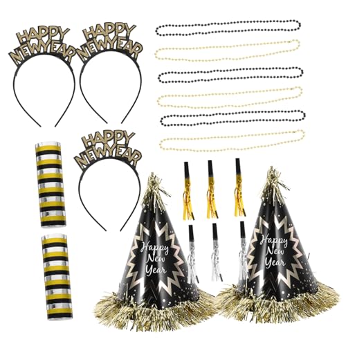 KICHOUSE 1 Frohes neues Jahr Krachmacher Ammer Silvester Partyhüte Silvesterhüte Neujahrsdekorationen Kopftuch kopftücher swor dekorative Perlenkette Party-Perlen-Halsketten Papier Black von KICHOUSE