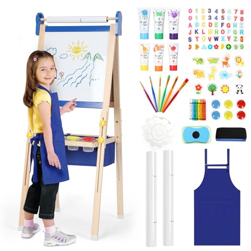 Kinderstaffelei 3-1, magnetische Kinder Kreidetafel & Whiteboard, Großer Stauraum mit Leinentasche, Staffelei Kinder, Kreide, Pinseln, Zahlen-Buchstaben-Magneten, Schürze, Geschenk für Kinder,Blau von KIDINIX