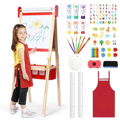 Kinderstaffelei 3-1, magnetische Kinder Kreidetafel & Whiteboard, Großer Stauraum mit Leinentasche, Staffelei Kinder, Kreide, Pinseln, Zahlen-Buchstaben-Magneten, Schürze, Geschenk für Kinder, Rot von KIDINIX