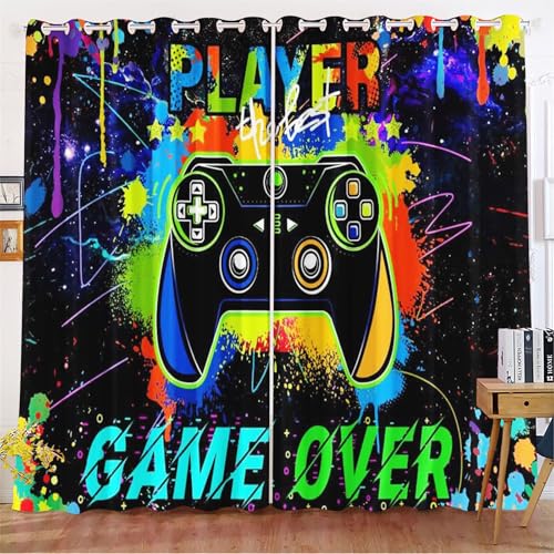 KIDSLOVE Gamepad Vorhänge Gamer Fenstervorhang Gaming Schlafzimmer Gamer Videospiele Vorhang Gamepad Verdunkelungsvorhang Gamepad Kinder Blickdichte Vorhänge (1,100x140cm(BxH)/ 50x140cmx2) von KIDSLOVE