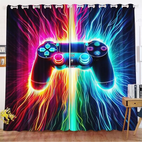 KIDSLOVE Gamepad Vorhänge Gamer Fenstervorhang Gaming Schlafzimmer Gamer Videospiele Vorhang Gamepad Verdunkelungsvorhang Gamepad Kinder Blickdichte Vorhänge (2,100x140cm(BxH)/ 50x140cmx2) von KIDSLOVE