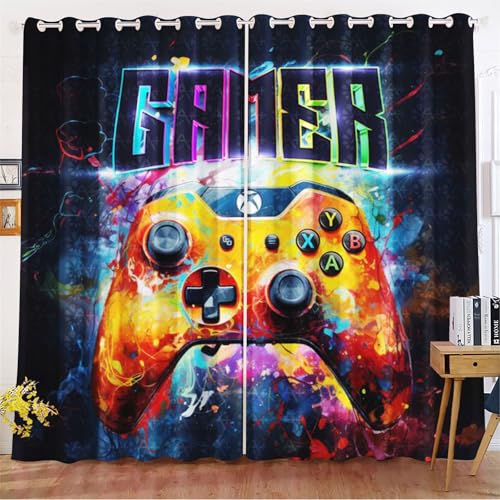 KIDSLOVE Gamepad Vorhänge Gamer Fenstervorhang Gaming Schlafzimmer Gamer Videospiele Vorhang Gamepad Verdunkelungsvorhang Gamepad Kinder Blickdichte Vorhänge (7,100x140cm(BxH)/ 50x140cmx2) von KIDSLOVE