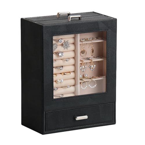 KIIFENG PU-Schmuckschatulle, Schmuck-Organizer, multifunktionale Aufbewahrungsbox mit transparentem Fenster für Halsketten, Armbänder, Ringe, Ohrringe von KIIFENG