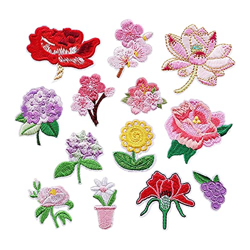 KIKAPA 13 Stück Iron on Patches für Blumenapplikationen, Blumenkorb, dekorative Aufnäher zum Aufnähen von KIKAPA