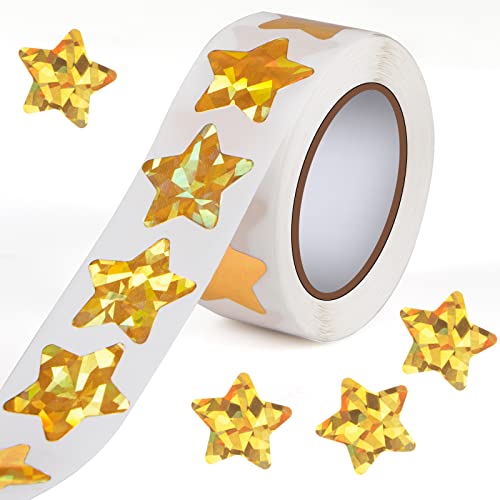 KIKIGOAL 500 Stück Holographische 2.5cm Gold Star Aufkleber für Kinder Belohnung in der Schule Klassenzimmer, Folie Star Metallic Aufkleber Roll selbstklebende Etikett Sterne Glitter von KIKIGOAL