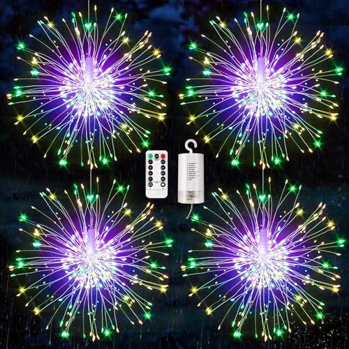 KIKILIVE Feuerwerk Lichterketten, 4 Stücke Starburst Lichter Feuerwerk LED Licht Kupferdraht Feuerwerk Lichter Weihnachten Feuerwerk Zeichenfolge 8 Modi wasserdicht mit Fernbedienung von KIKILIVE