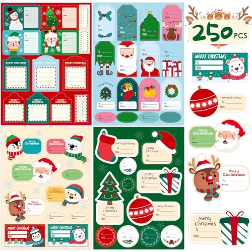 KIKISML 250 Stück Weihnachtsetiketten Selbstklebend, Weihnachten Geschenketiketten Geschenkaufkleber, Weihnachtssticker für Namensetiketten, Weihnachts Beschreibbar Etiketten Aufkleber von KIKISML