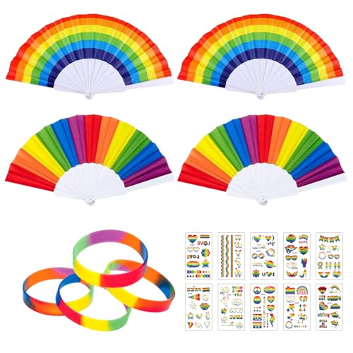 KIKVTER 4 Stück Regenbogen Fächer, Regenbogen Faltfächer, 4 Stück Armbänder, 10 Blatt Temporäre Tattoos, Regenbogen Deko, Falten Handfächer, Party-Mitbringsel, Partytüten-Füllung, Geschenke von KIKVTER