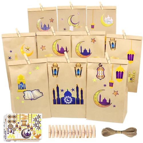 KIKVTER Eid Mubarak Geschenktüte, 30 Stück Eid Mubarak Tüten, DIY Ramadan Kalender zum Befüllen, Braune Blanko Kraftpapiertüten zum Dekorieren, Geschenktüten mit Aufkleber + 36 Clips + 10m Juteseil von KIKVTER