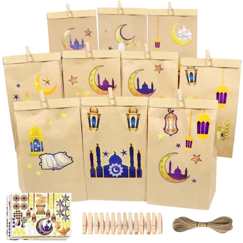 Ramadan Kalender zum Befüllen, Eid Mubarak Tüten zum Befüllen, Ramadan Tüten mit Aufklebern für Kinder, Eid Mubarak Geschenktüten Papiertüten Wiederverwendbar mit Clips und Juteseil für Ramadan Deko von KIKVTER