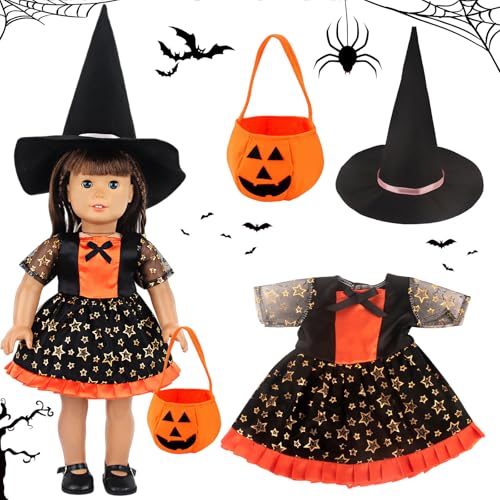 KIKVTER Halloween Doll Clothes, Halloween-Kostüm, Puppenkleidung Halloween Hexenkleid mit Hut, Kleidung Outfits für Baby Puppen, Geschenke für Mädchen (Orange) von KIKVTER