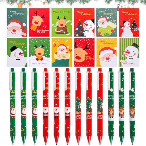 KIKVTER Weihnachten Kleinigkeiten, 24 Stück Weihnachten Schreibwaren Set, Weihnachts Mini Notizblock, Weihnachten Neutral Stift, Weihnachten Papeterie Set für Kinder, Geeignet als Geburtstagsgeschenk von KIKVTER