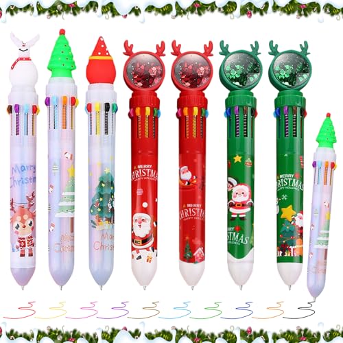 KIKVTER Weihnachts Kugelschreiber, 7 Stück Weihnachten Kugelschreiber, 10-in-1 Mehrfarbiger Einziehbarer Shuttle Stift, Weihnachtskugelschreiber, Weihnachtsbaum Schneemann Weihnachtsmann Tintenroller von KIKVTER