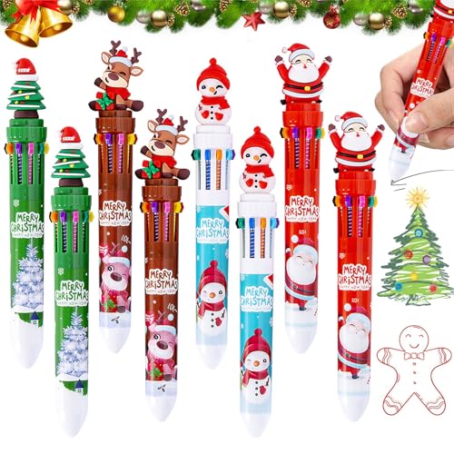 KIKVTER Weihnachts Kugelschreiber, 8 Stück Weihnachten Kugelschreiber, 10-in-1 Mehrfarbiger Einziehbarer Shuttle Stift, Weihnachtskugelschreiber, Weihnachtsbaum Schneemann Weihnachtsmann Tintenroller von KIKVTER