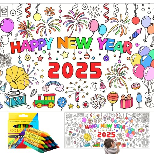 Papier-Tischdecke zum Ausmalen, Silvester Deko 2025, Happy New Year Ausmal-Tischdecke, Ausmaltischdecke Kinder, Silvester Tischdecke, Silvester Basteln Kinder für Neujahr Supplies, Silvesterdeko von KIKVTER