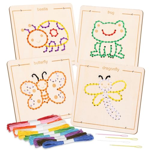 Stickset für Anfänger, 4 Stück Sticken für Anfänger, Sticken Set Erwachsene,Sticken Kinder,Kreuzstich Set,Holz Tier Stickerei Set,Embroidery Kit für DIY Kunst,Handwerk,Geschenke,Bastelsets für Kinder von KIKVTER