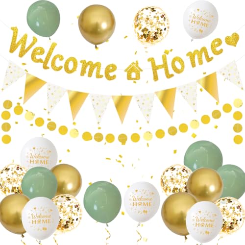 Willkommen Zuhause Deko Welcome Home Banner Welcome Back Girlande Luftballon Herzlich Willkommen Zurück Dekoration für Zuhause Baby Geburt Showerparty (Grün Gold) von KILLIAN'S Store