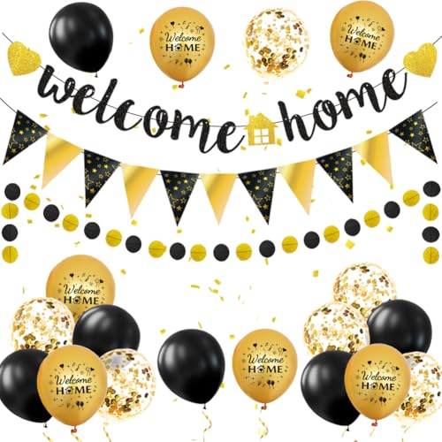 Willkommen Zuhause Deko Welcome Home Banner Welcome Back Girlande Luftballon Herzlich Willkommen Zurück Dekoration für Zuhause Baby Geburt Showerparty (Schwarz Gold) von KILLIAN'S Store