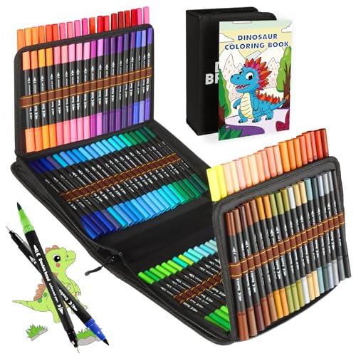 KIMIGO Dual Brush Pen Set,120 Farben Filzstifte Set,Fineliner und Pinselstifte Set mit Schwarzer Tragetasche und Malbücher,Pinselstifte Marker Aquarell Stifte Für Kinder und Erwachsene von KIMIGO