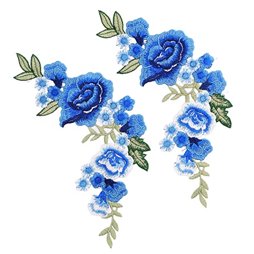 Ein Paar 2pcs Blumenfleck Blaues Muster Dekorative Polyesterflecken Blumen Bestickte Zier- und Verzierungen Seidenherstellung von Stickereien für T -Shirts Bags Eisen auf Applique von KIMISS