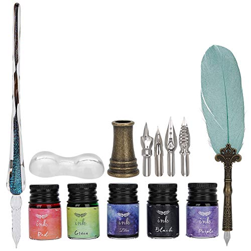 KIMISS Europäisches Vintage-Feder-Set mit Perlglanz-Dunkelgrün, Glas-Tauchstift und Tinte von KIMISS