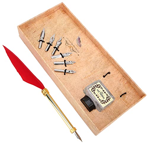 KIMISS Vintage-Federstift-Set aus Legierung – Schlichter Füllfederhalter mit Goldgriff in Geschenkbox – Roter, Schwarzer, Weißer Feder-Tauchstift (Rot) von KIMISS