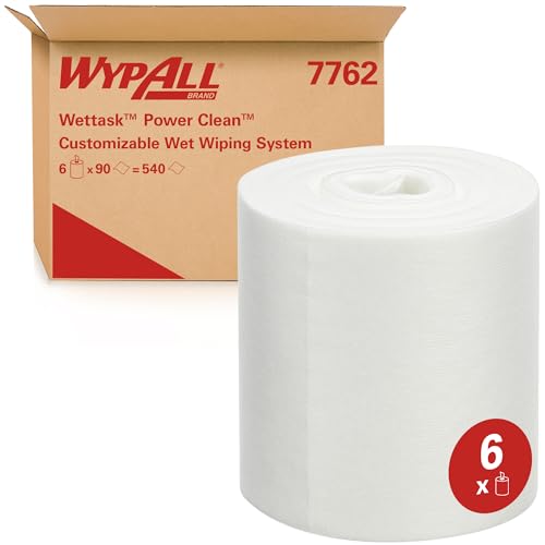 WypAll Wettask Power Clean Reinigungstücher für Lösungsmittel 7762 – industrielle Reinigungstücher – 6 Rollen x 90 weiße Reinigungstücher (insg. 540) von KIMTECH