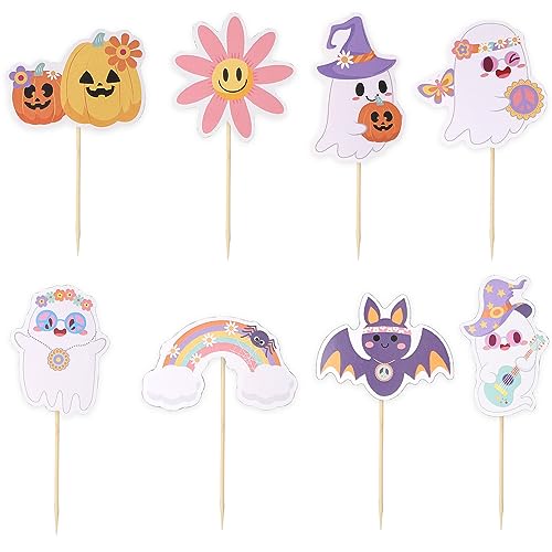 24 Stück Halloween Cupcake Topper, Niedliche Halloween Cake Topper Fledermaus Geist Kürbis Halloween Cupcake Dekoration mit Zahnstochern und Klebepunkten für Party Kindergeburtstag (8 Stile) von KINBOM