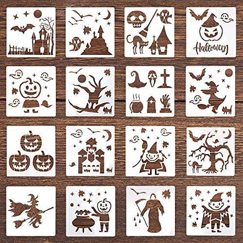 KINBOM 16pcs 15x15cm Halloween Malschablonen Wiederverwendbare Kunststoff Zeichnung Schablonen Vorlage Kürbis Geist Hexe Fledermaus Skelett Muster für DIY Holz Wand Fenster Stoffmalen von KINBOM