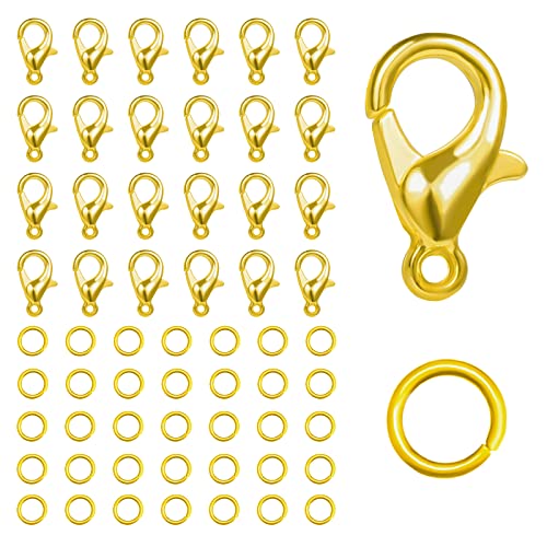 KINBOM 50 Karabinerverschluss und 120 Offenem Sprungringsatz, Magnet Halskettenverschluss Armbandverschlusse Karabinerverschluss Schmuck ((Verschluss: 12x6mm + Ring: 0,7x5mm),Gold) von KINBOM