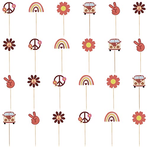 KINBOM 24 Stück Hippie Party Deko, Hippie Cupcake-Topper Party Cake Topper Hippie Kuchenaufsätze Peace Zeichen Deko Kuchenpicker für 60s Party Boho Party Deko von KINBOM