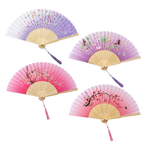 KINBOM 4 Stück Faltbarer Handfächer, für Frauen Vintage Blumen Faltfächer Holz Bambus Elegant Faltbarer Fächer im Chinesischen Stil Geblümt mit Quaste für Täglichen Gebrauch Party Tanz (Rosa, Lila) von KINBOM