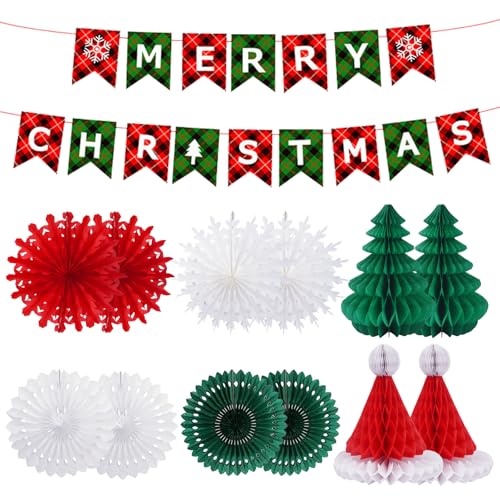 KINDPMA 13 Stück Partydekorationen Papier Papierventilatoren Dekorationen Pompons Seidenpapier Weihnachtsdekorationen Papier zum Aufhängen Weihnachtsmützen Bienenwaben Weihnachtsbaum und Banner von KINDPMA