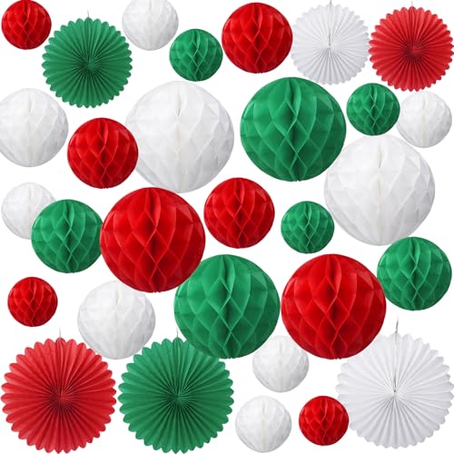 KINDPMA 30 Stück Weihnachten Party Dekoration Papier Wabenbälle und Papier Lüfter Rot Grün Weiß Papier Pompom Papier Wabenball Dekoration für Weihnachten Hochzeit Geburtstag Party von KINDPMA