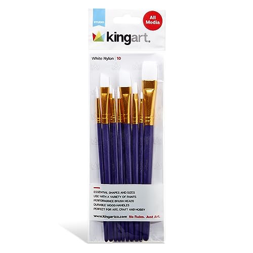 KINGART 214-10 Allzweck-Pinsel-Set, verschiedene runde und flache Pinsel, synthetisches Nylonhaar, kurzer Griff, Verwendung mit Öl-, Acryl- und Aquarellfarben, 10-teilig von KINGART